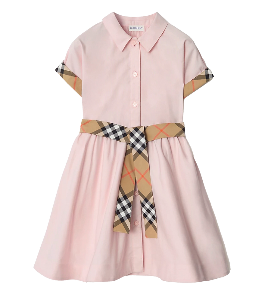 Burberry Check Trim Cotton Shirt Dress in Ice Pink (Kids)