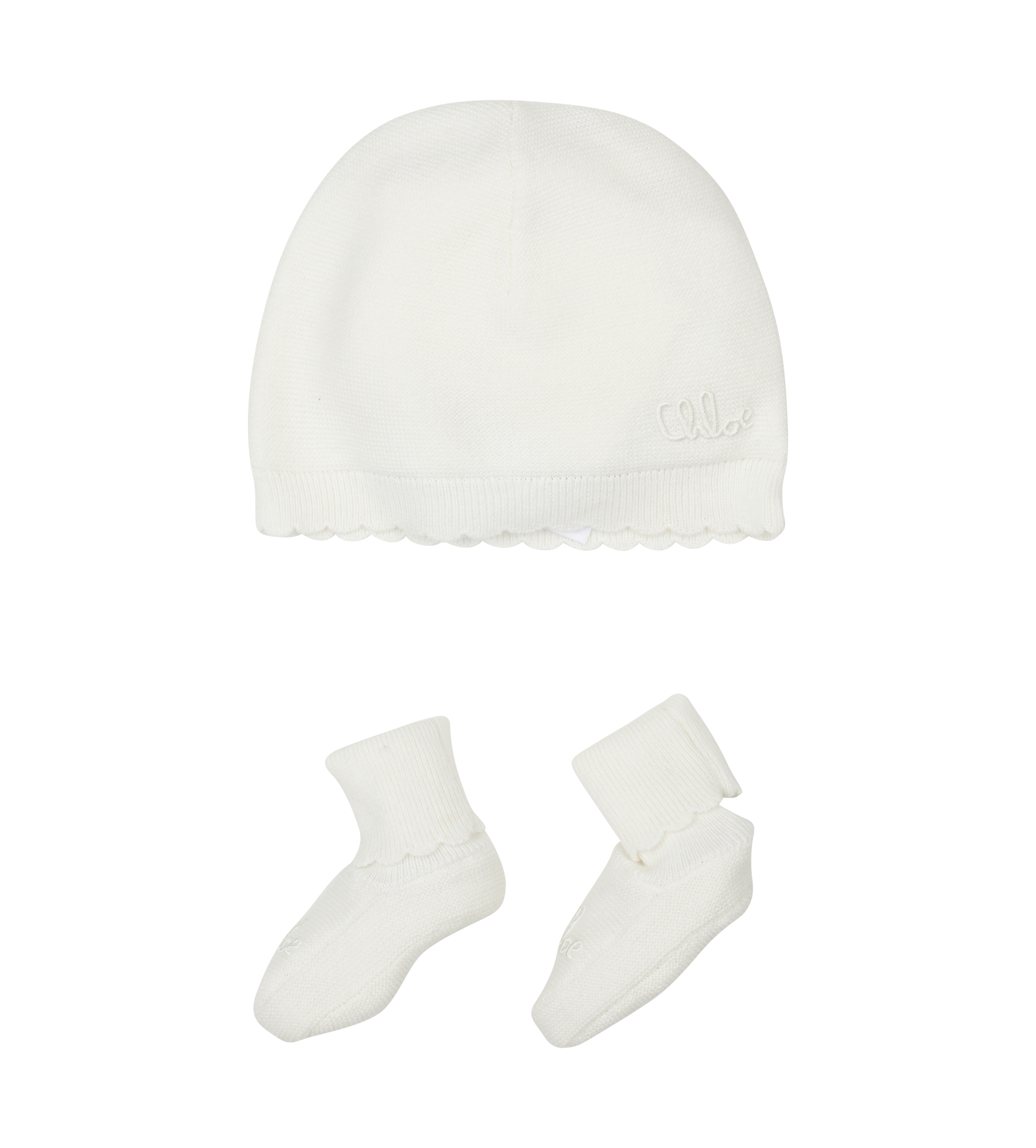 White baby hat and socks set on a white background