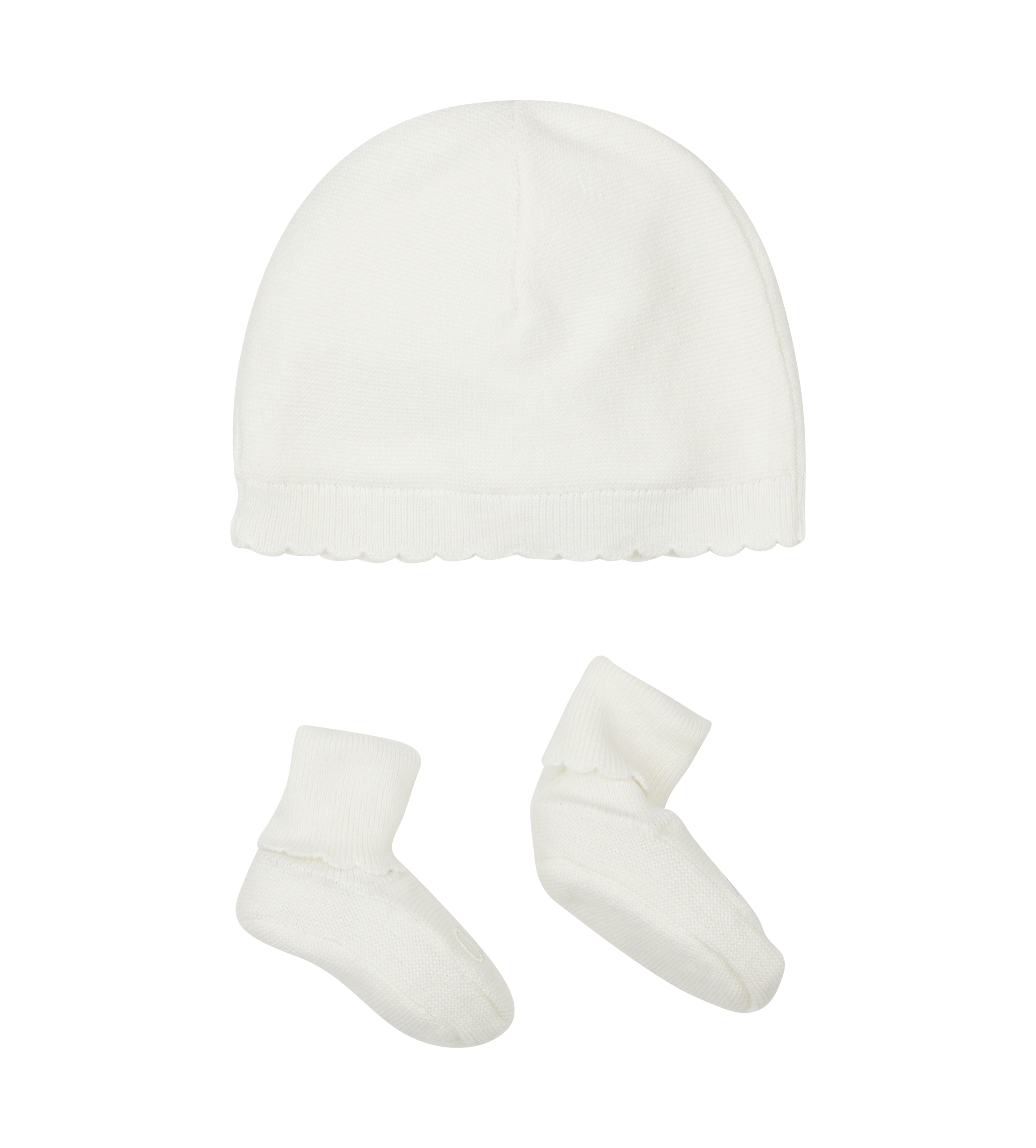 White baby hat and socks set on a white background