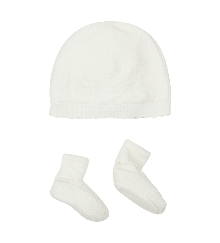 White baby hat and socks set on a white background