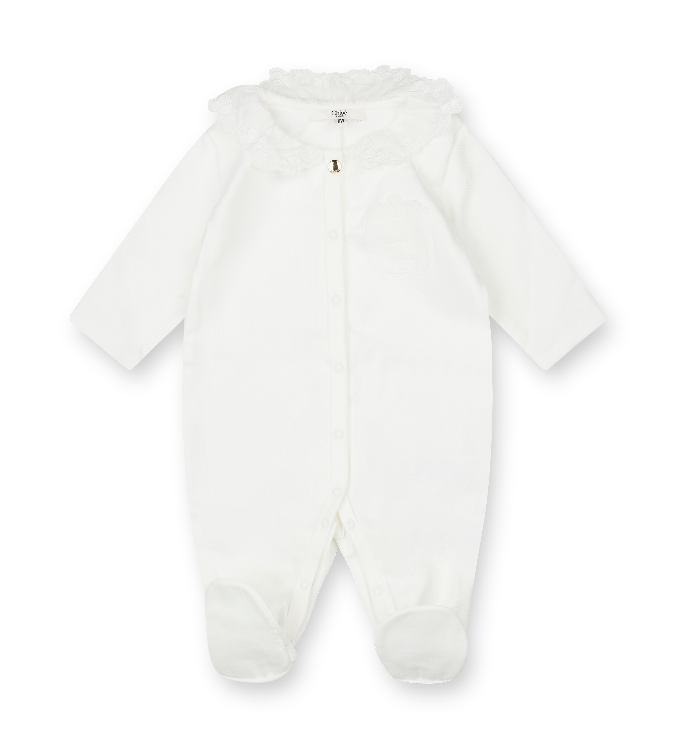 White baby onesie with a hood on a white background
