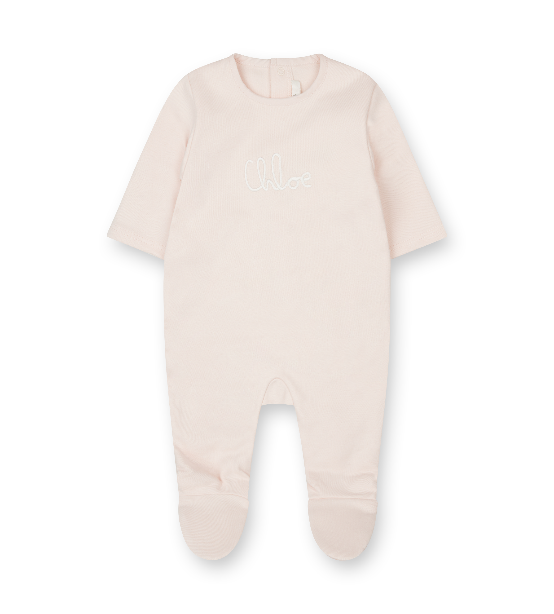 Baby onesie with feet in light pink on a white background