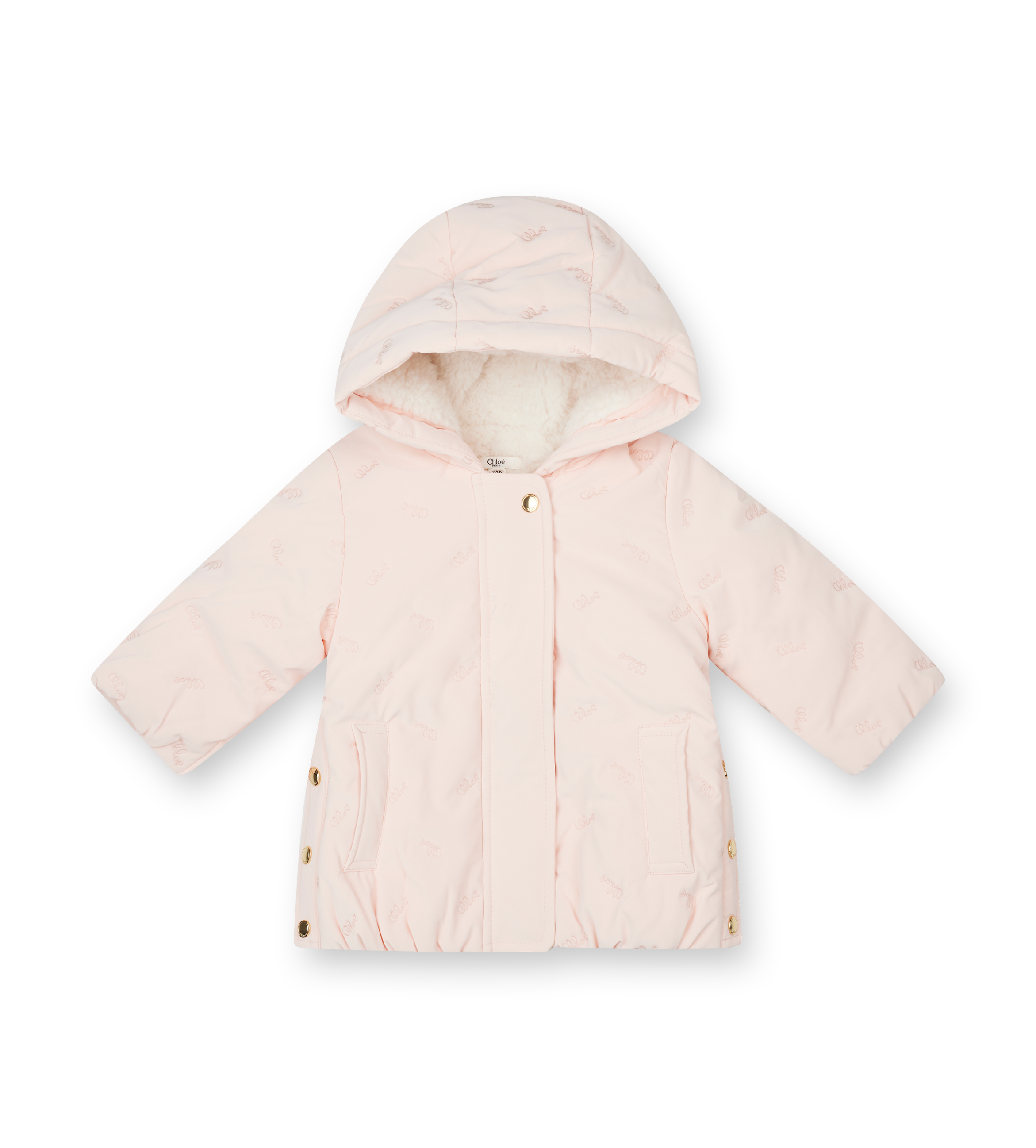 Light pink children's puffer jacket with a hood on a white background