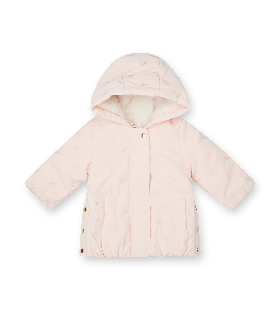 Light pink children's puffer jacket with a hood on a white background