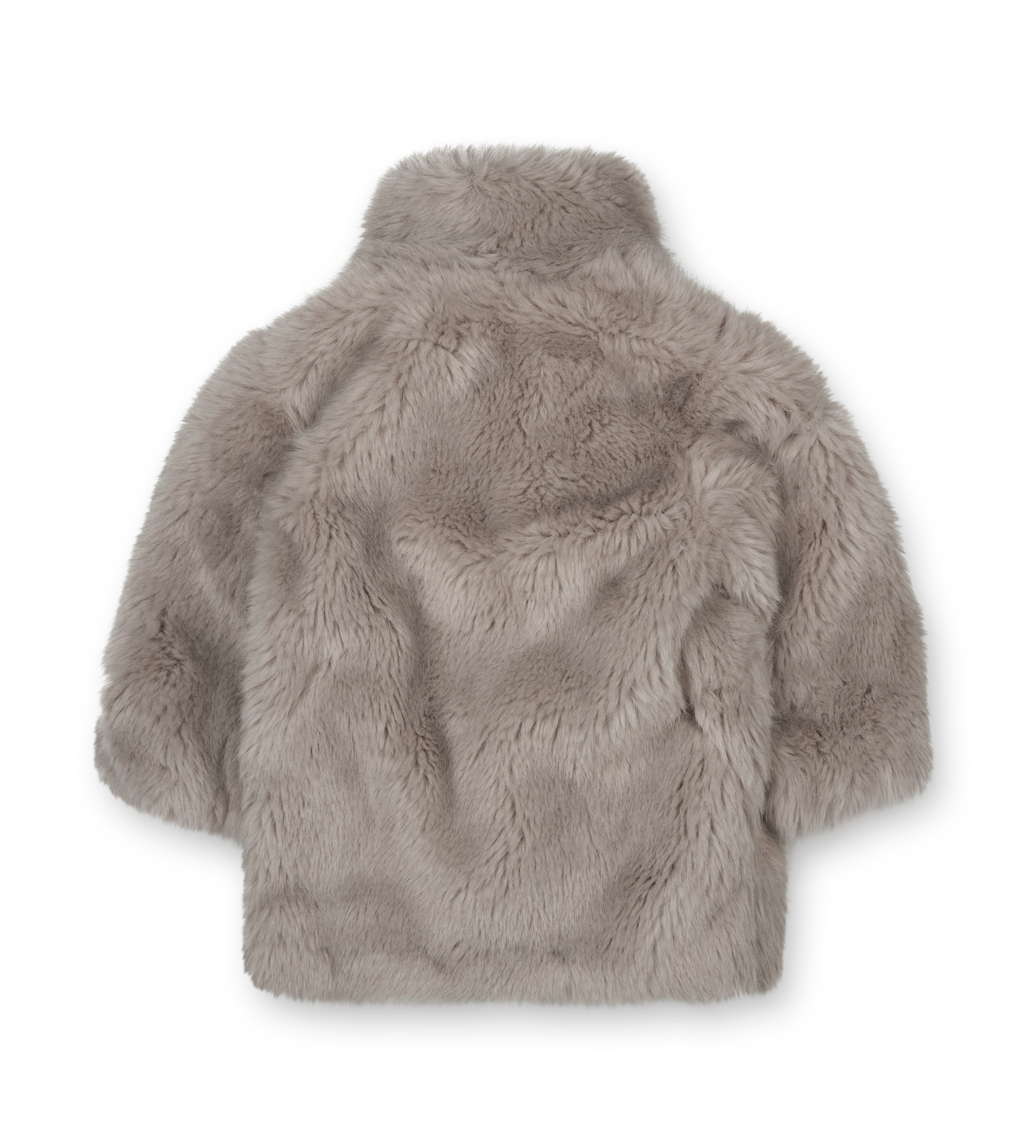 Back view of a fluffy gray jacket on a white background
