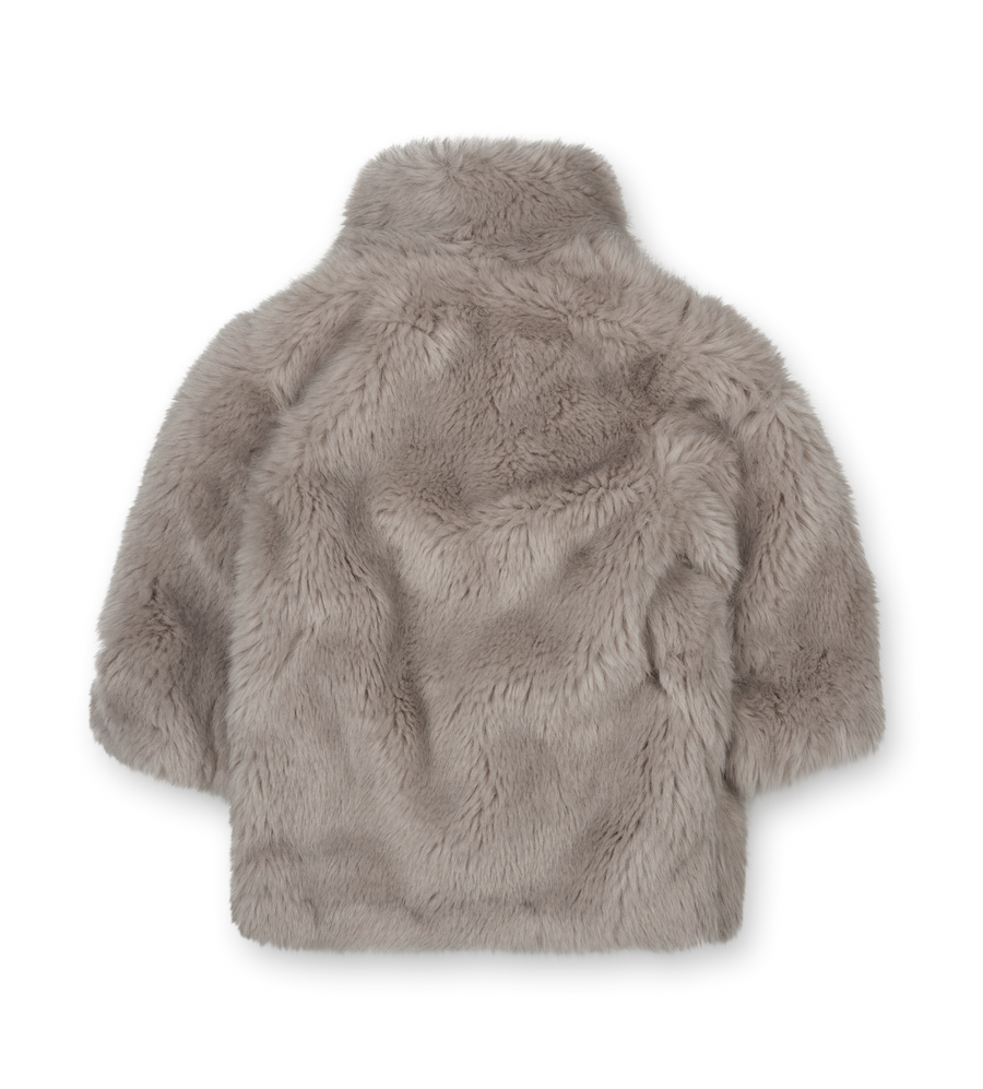 Back view of a fluffy gray jacket on a white background