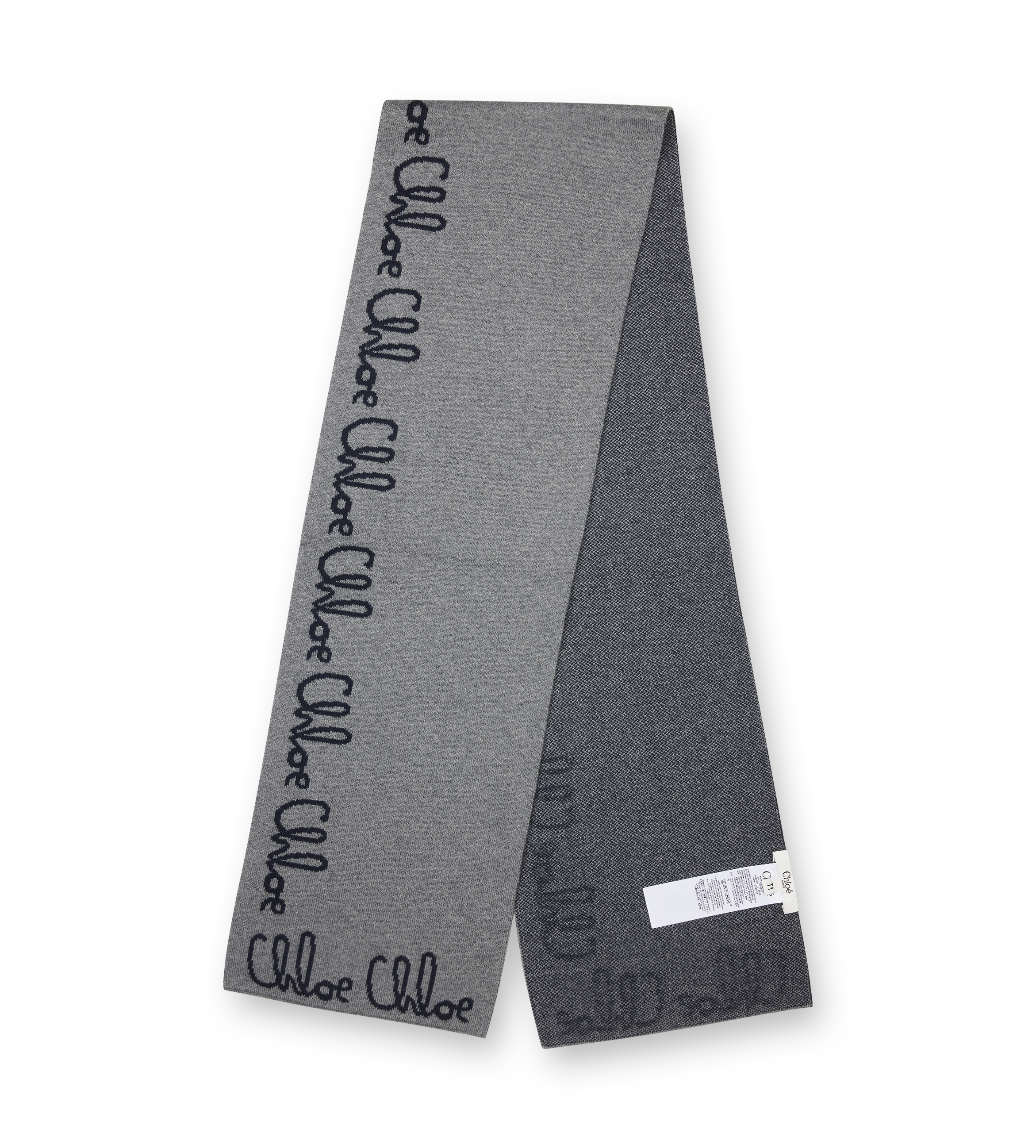 Gray scarf with 'Chloe' branding on a white background