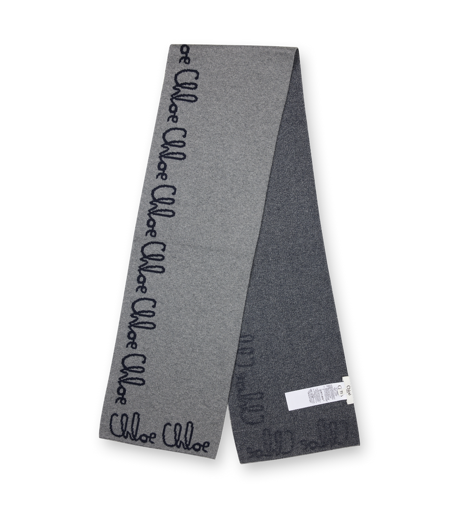 Gray scarf with 'Chloe' branding on a white background