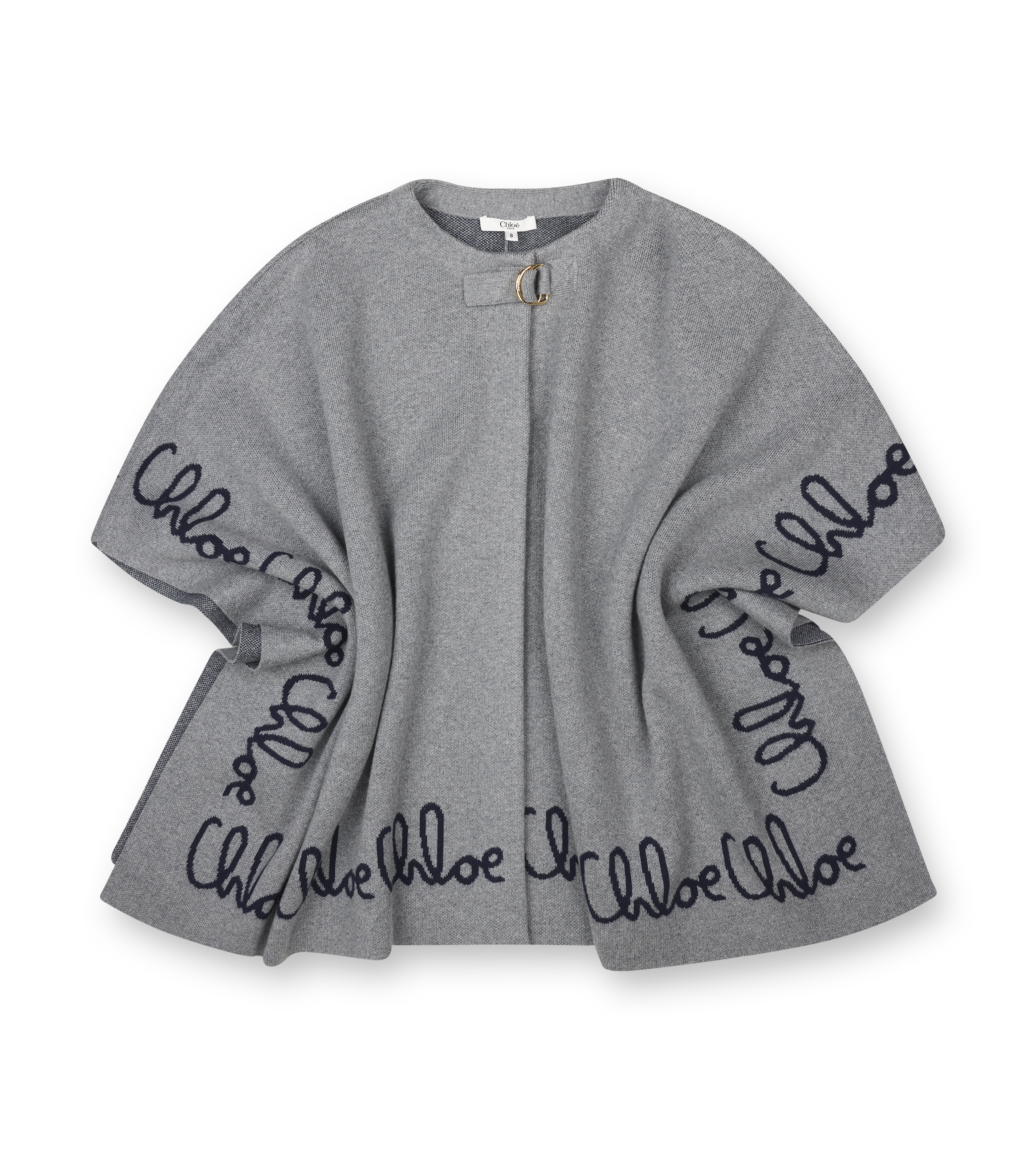 Gray poncho with 'Chloe' branding on sleeves against a white background