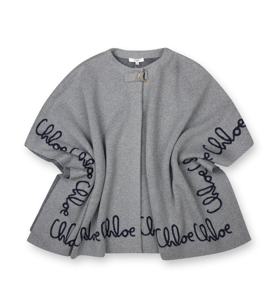 Gray poncho with 'Chloe' branding on sleeves against a white background