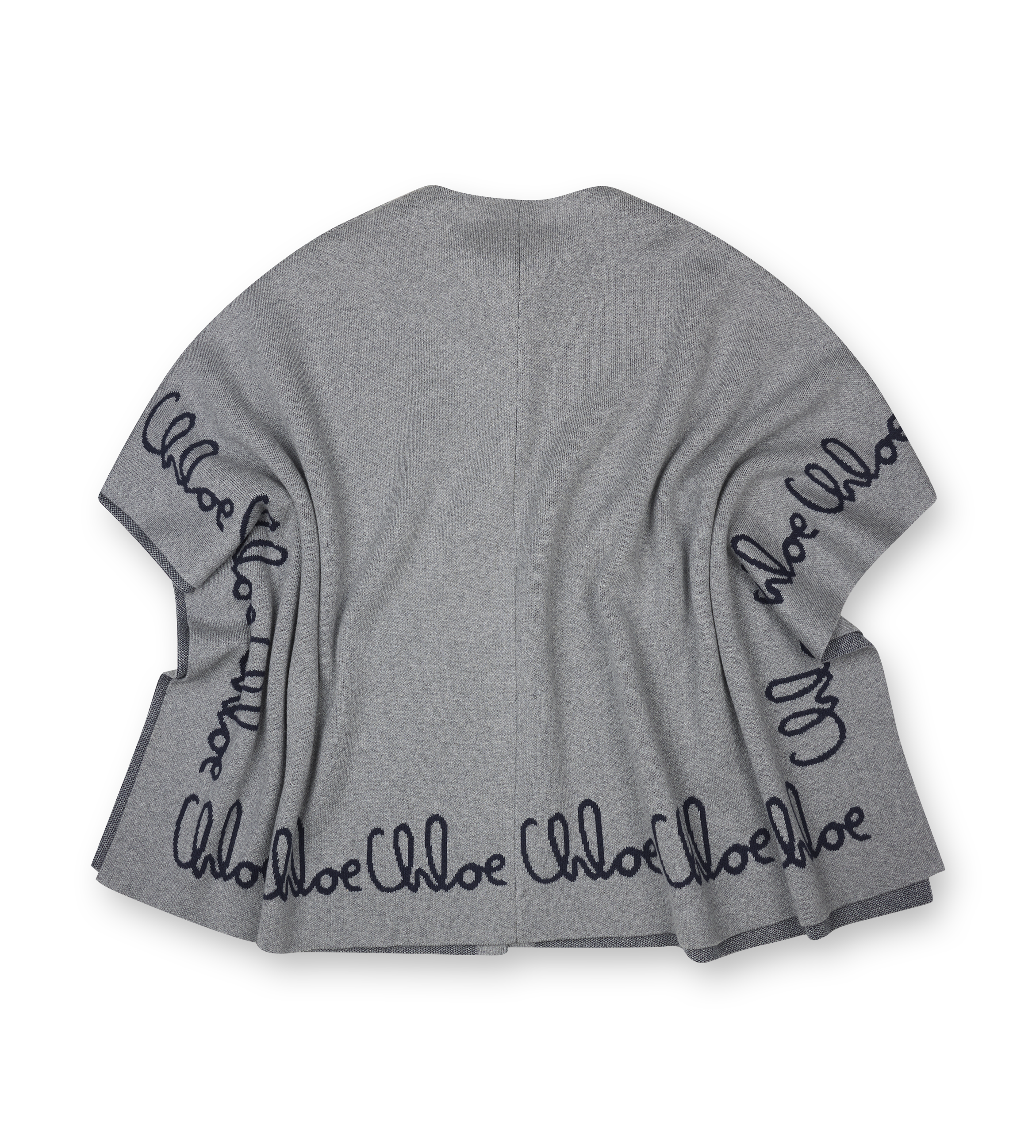 Gray sweater with 'Chloe' branding on sleeves against a white background