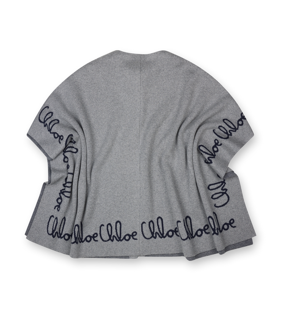 Gray sweater with 'Chloe' branding on sleeves against a white background