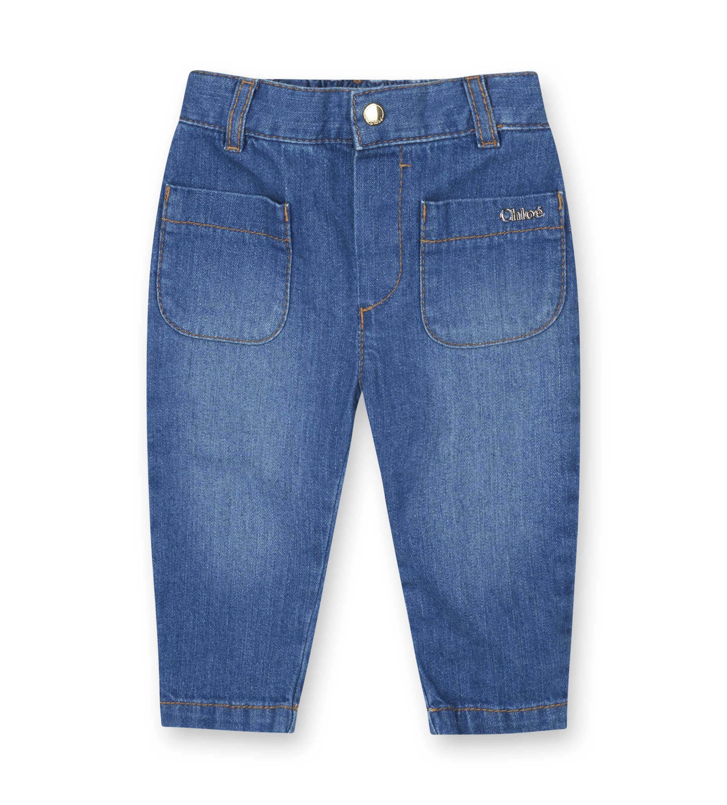 Blue denim jeans on a white background