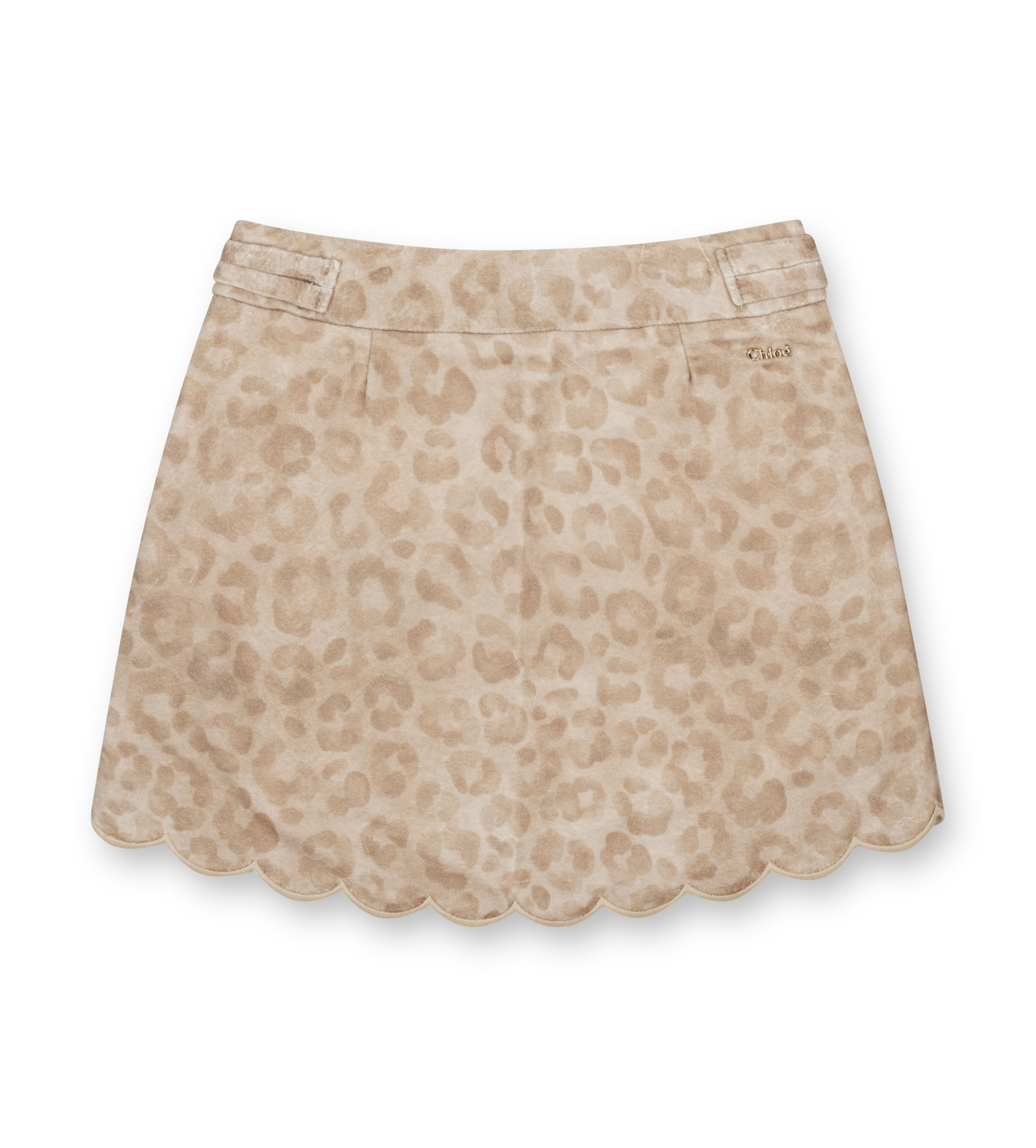 Beige skirt with leopard print pattern on a white background