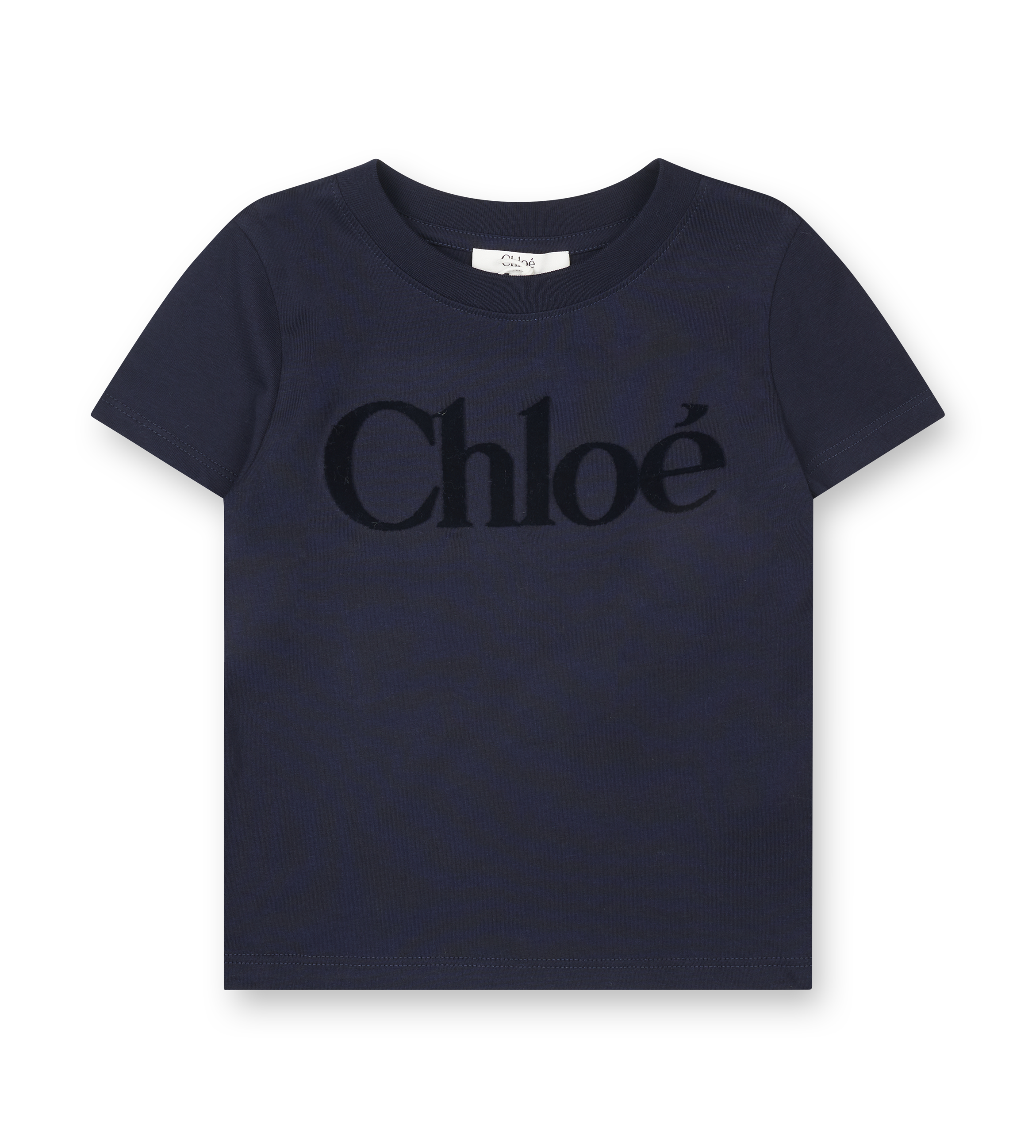 Navy blue t-shirt with 'Chloe' logo on a white background