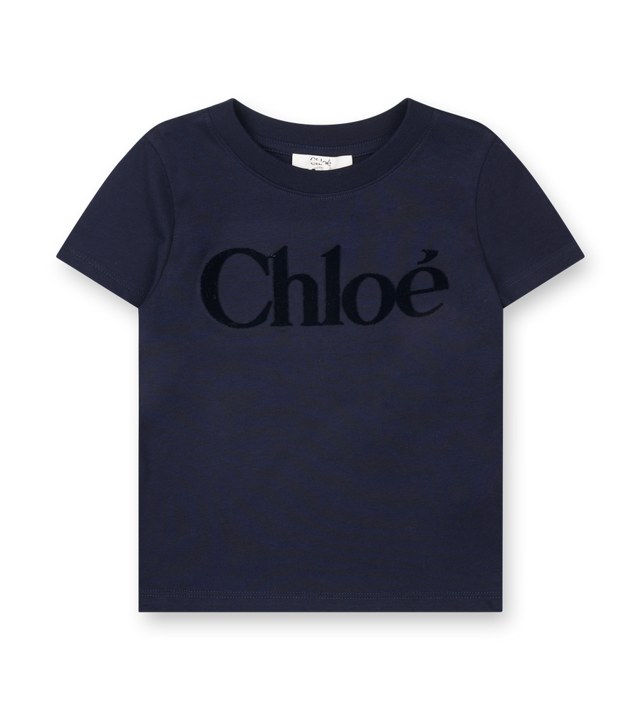 Navy blue t-shirt with 'Chloe' logo on a white background