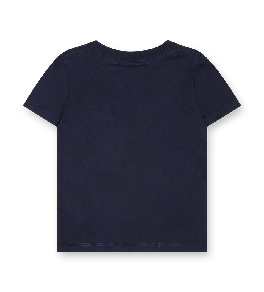 Navy blue t-shirt on a white background