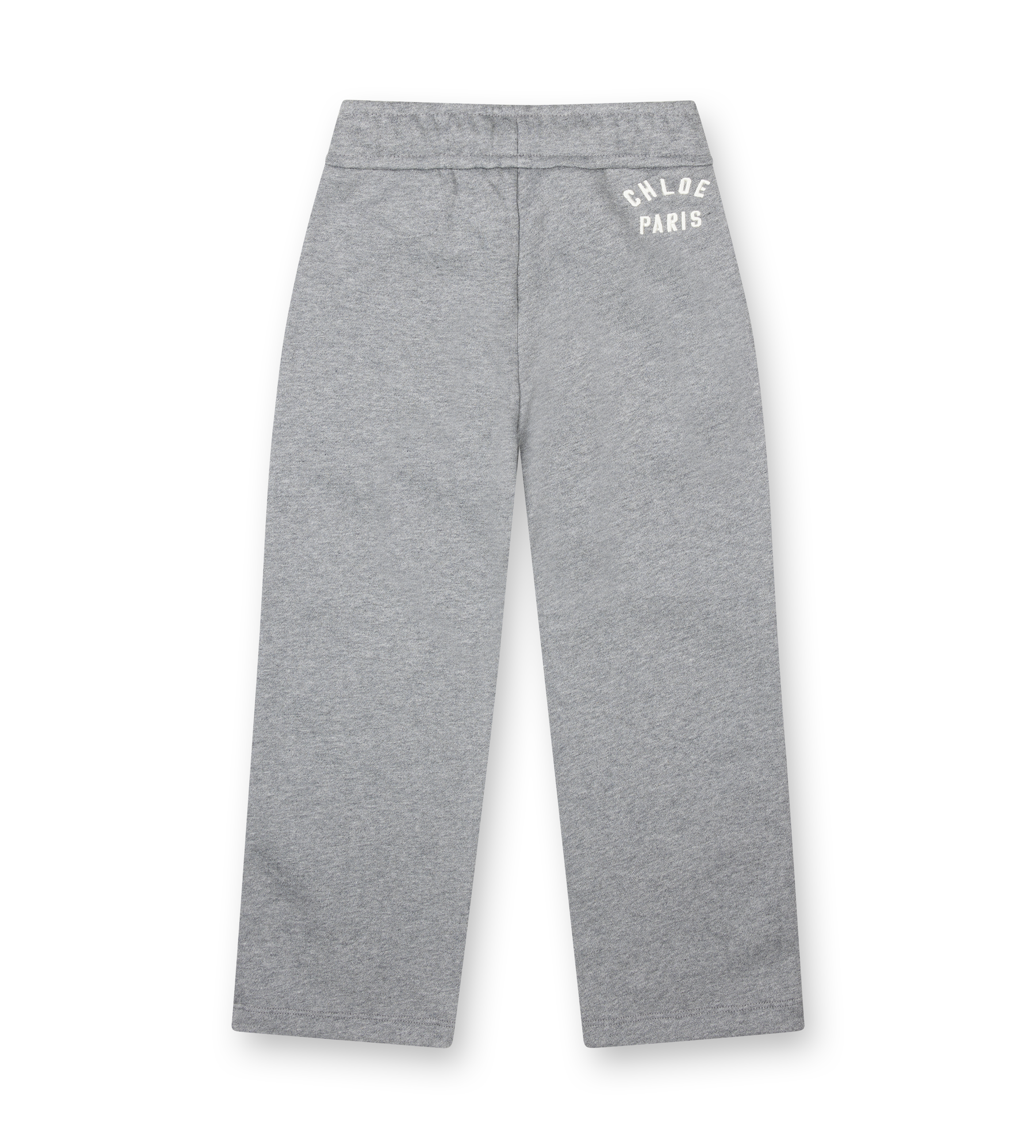 Gray sweatpants with 'Chloe Paris' branding on a white background