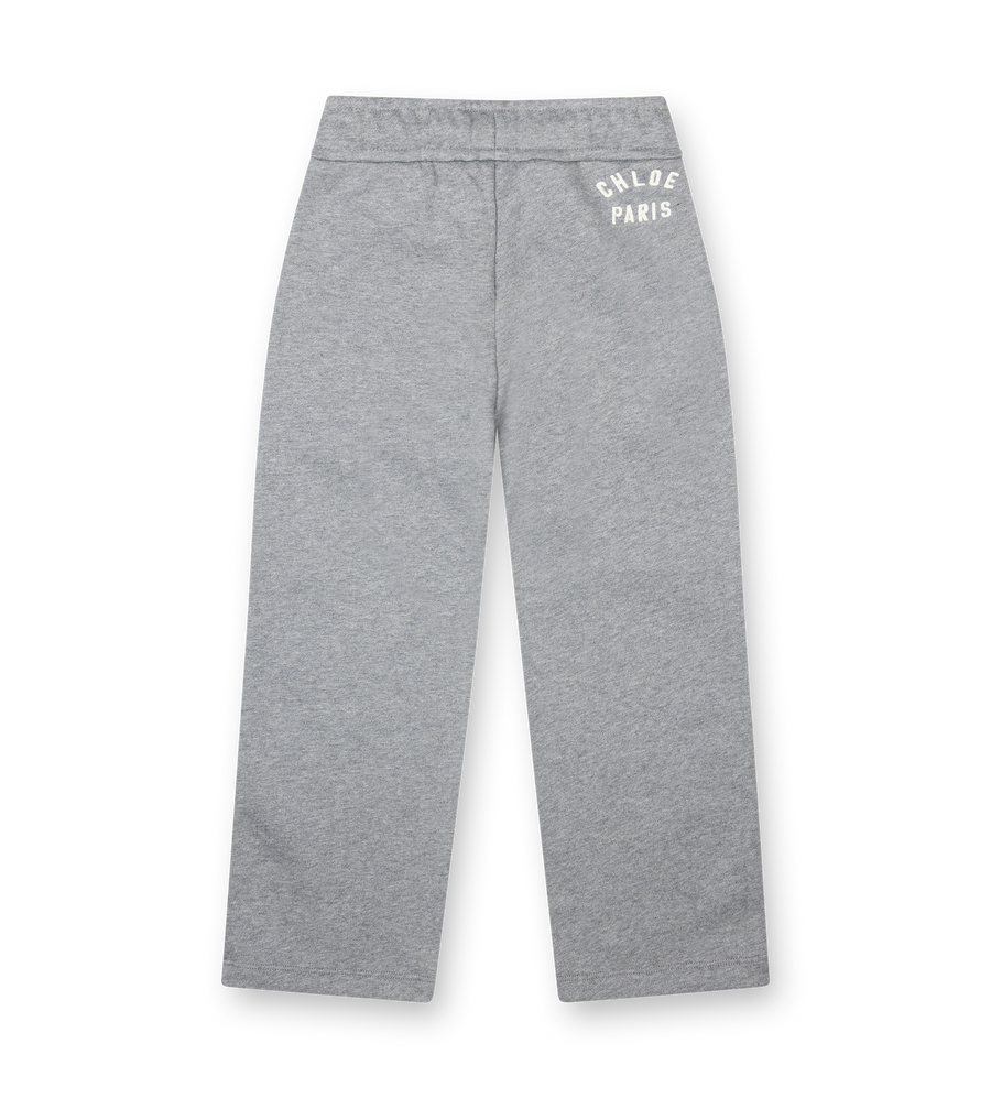 Gray sweatpants with 'Chloe Paris' branding on a white background