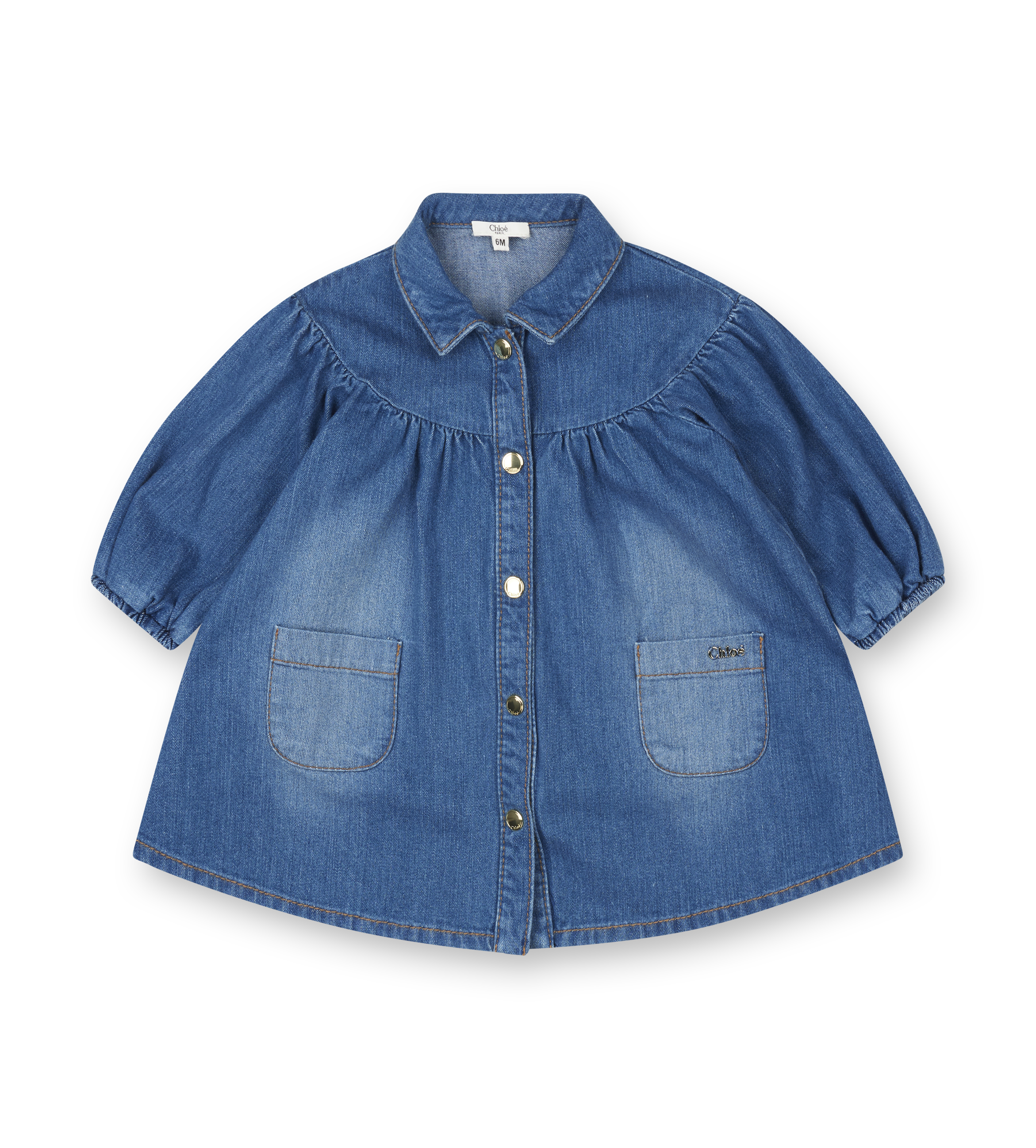 Blue denim dress with puff sleeves on a white background
