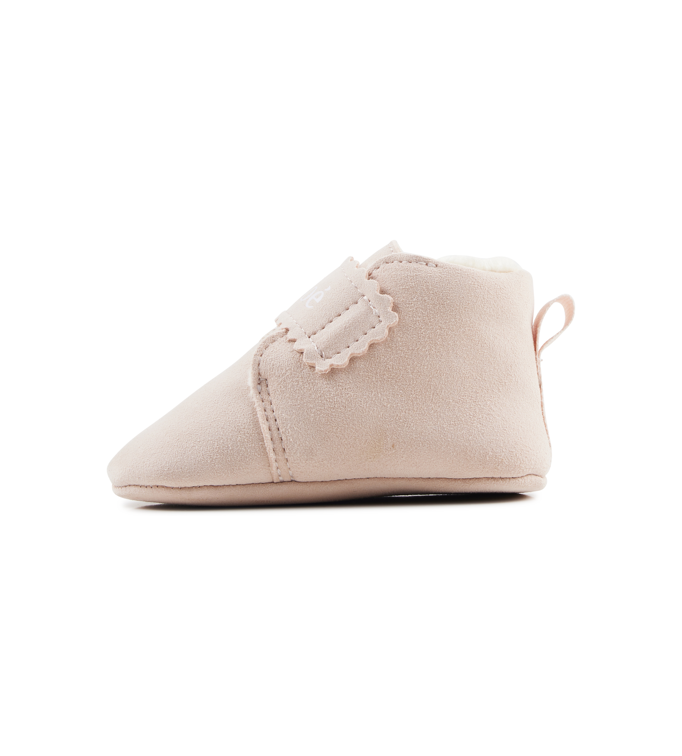Pink baby shoe with lace detail on a white background