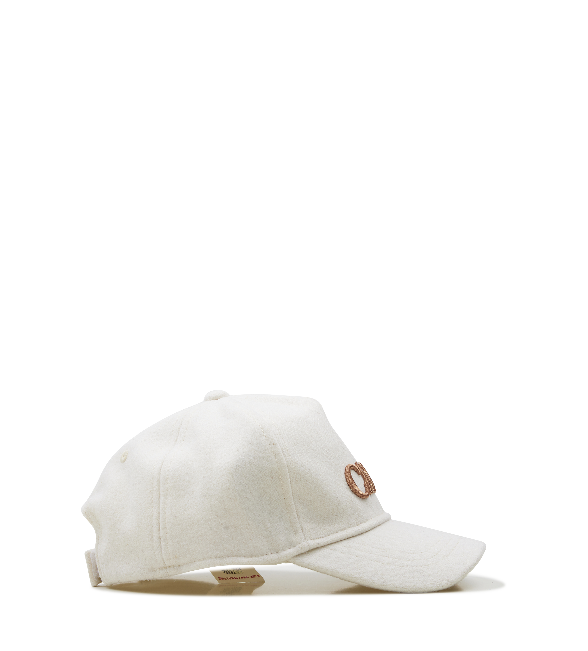 White cap with a brown logo on a white background