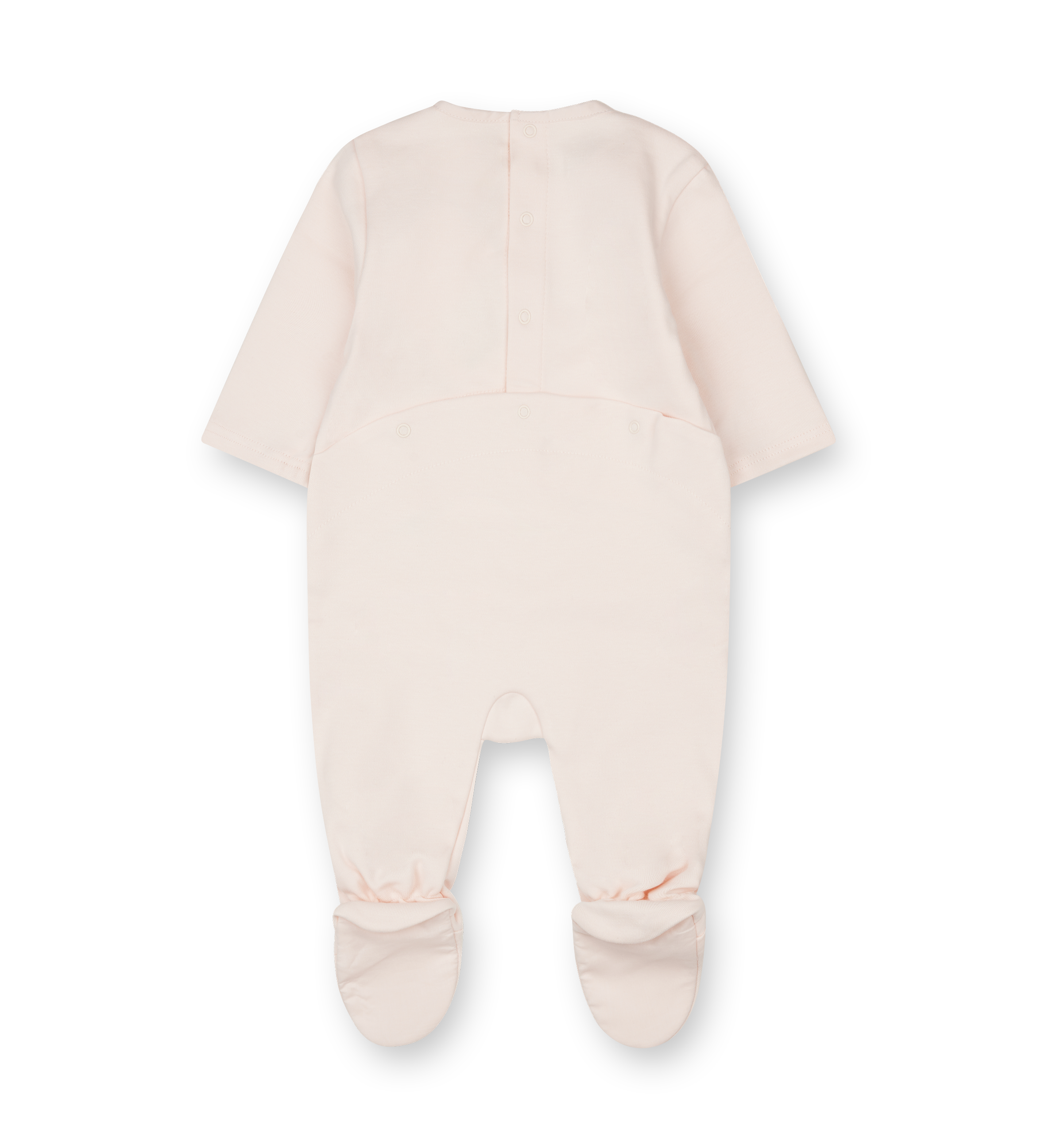Beige baby onesie with long sleeves and footies on a white background