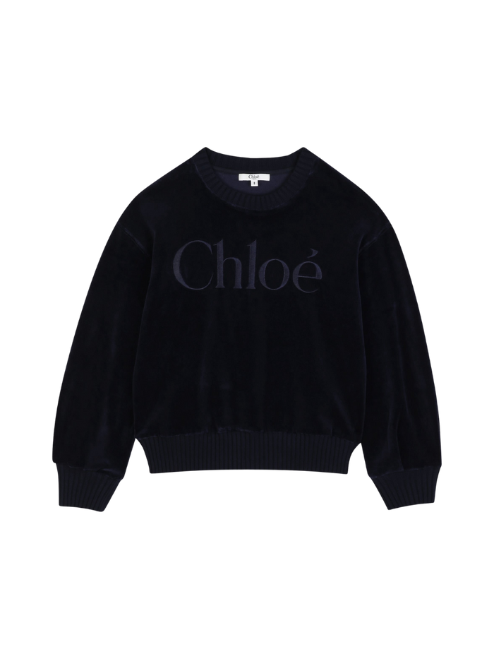 Kids Sweatshirt Katoen Velvet met logoborduurwerk Blauw