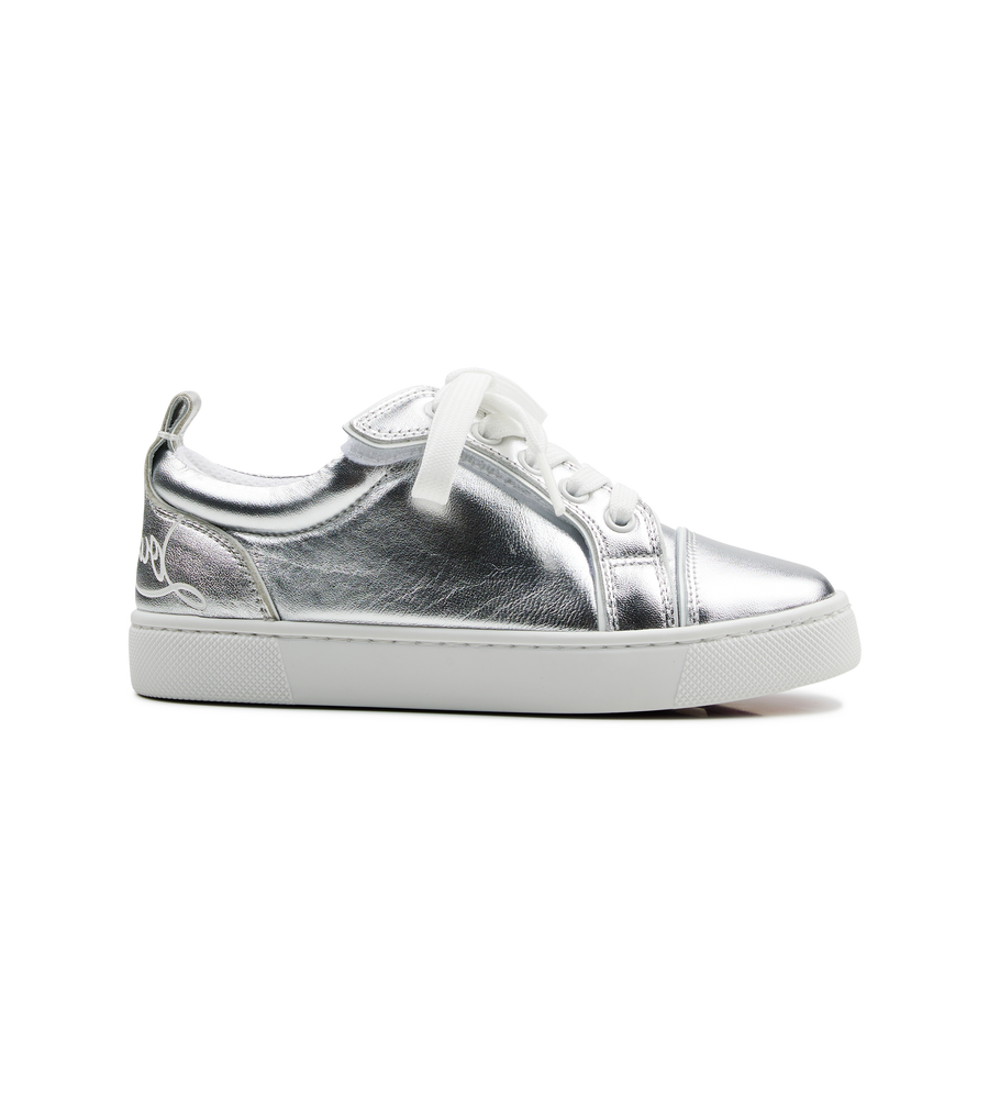 Christian Louboutin Funnyto Low-Top Metallic Silver Leather Sneakers (Kids)