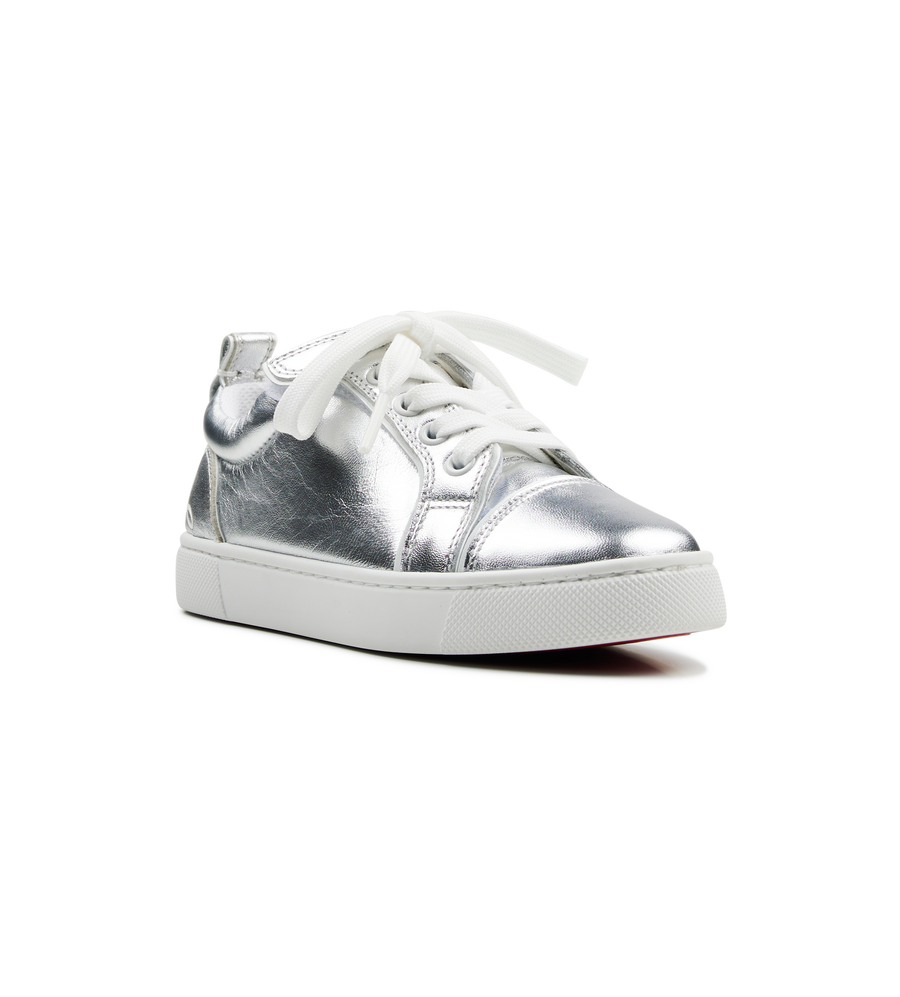 Christian Louboutin Funnyto Low-Top Metallic Silver Leather Sneakers (Kids)