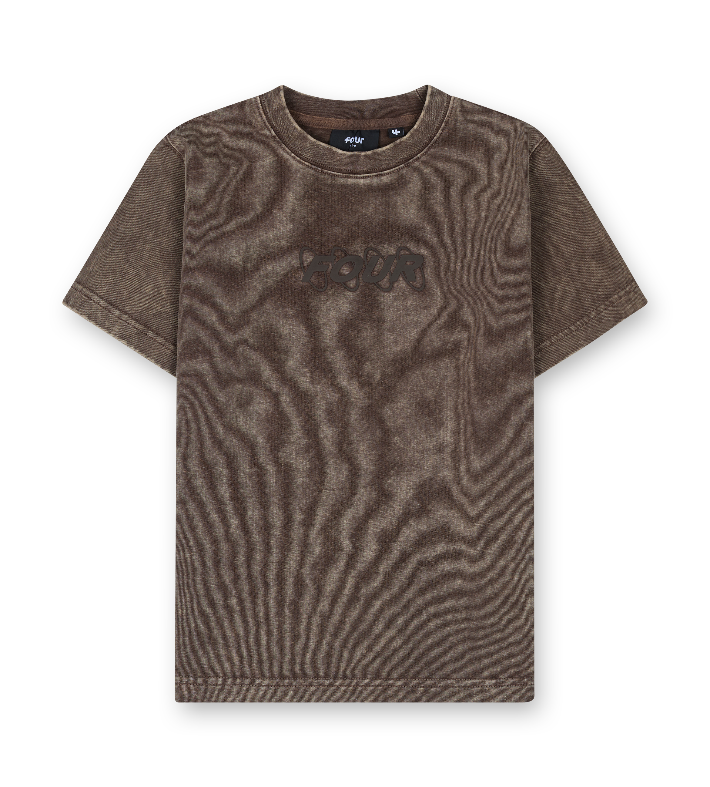 Brown t-shirt with black text on a white background