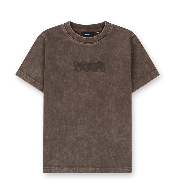 Brown t-shirt with black text on a white background