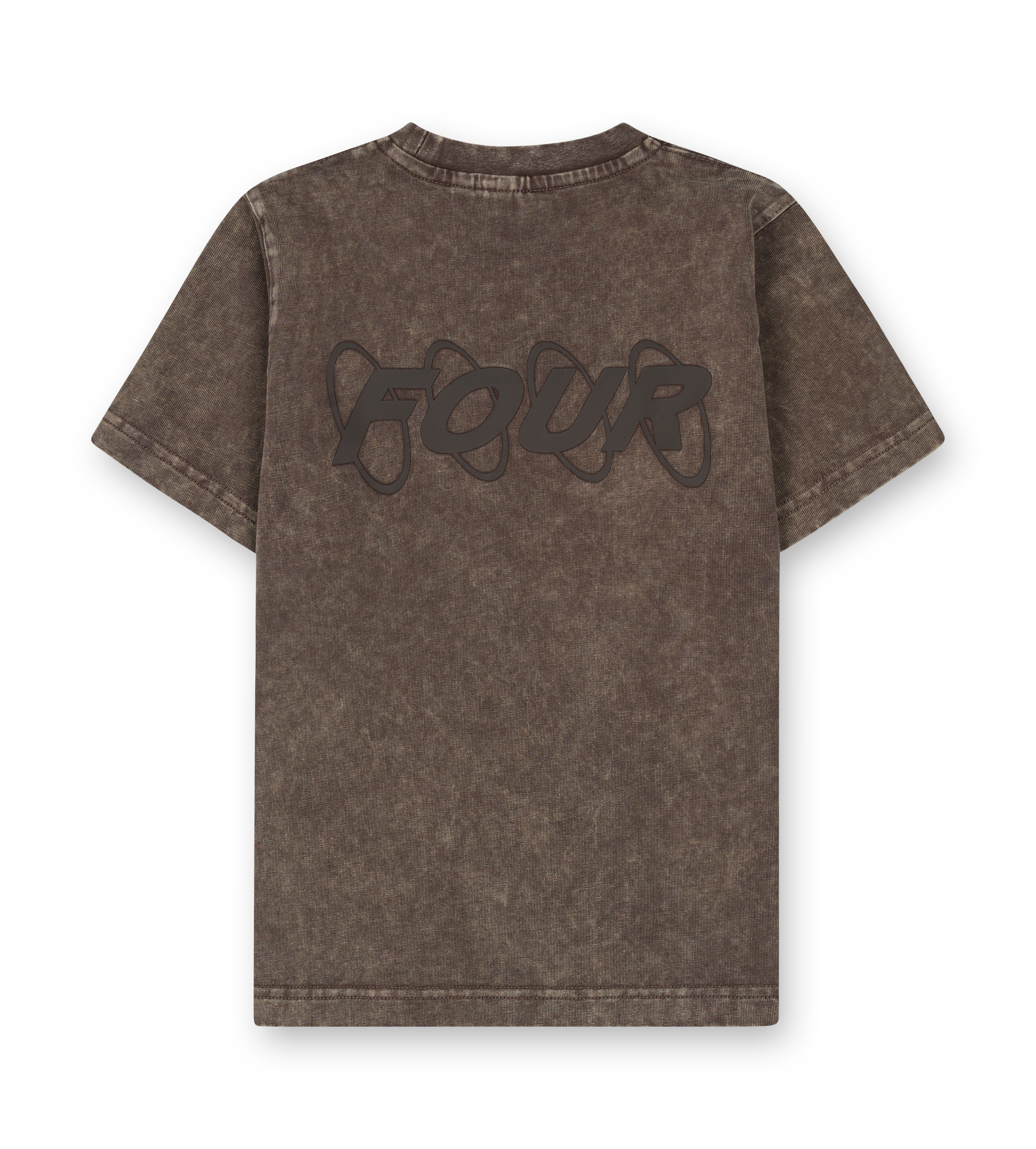 Brown t-shirt with 'FOUR' printed on the back against a white background