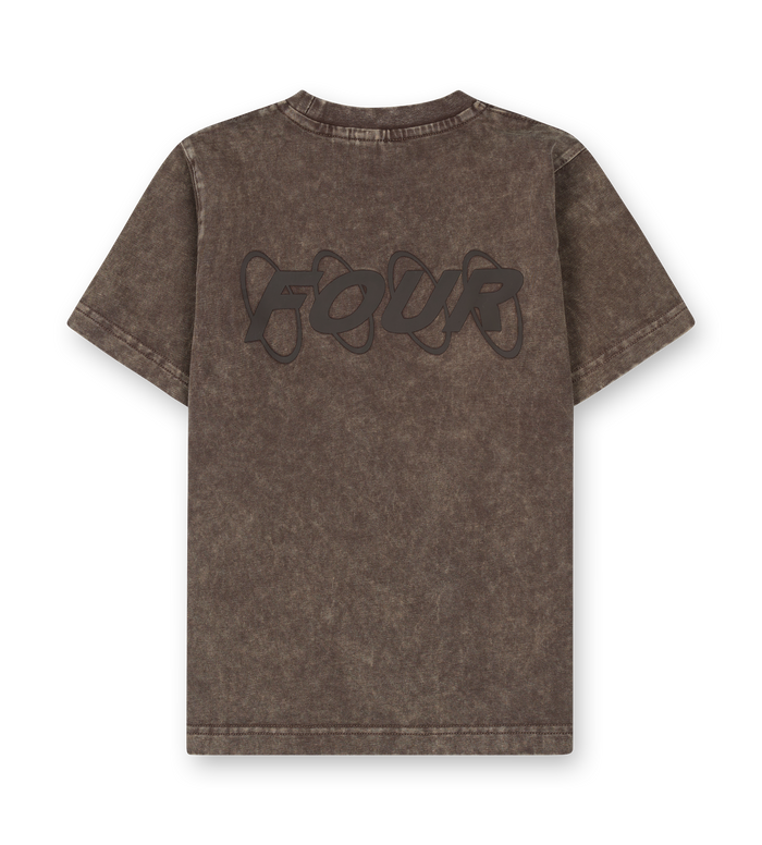Brown t-shirt with 'FOUR' printed on the back against a white background