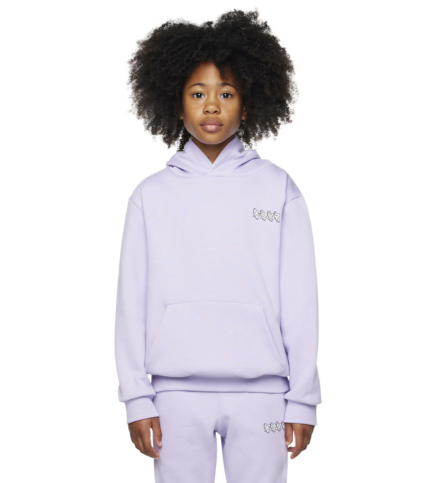 Child wearing a light purple hoodie and pants with a brand logo on a white background