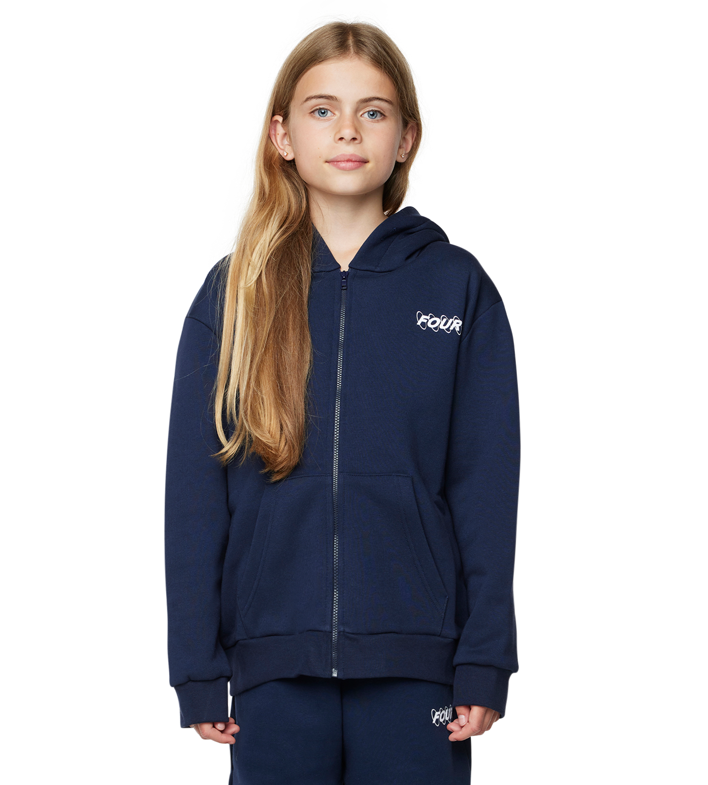 Person wearing a navy blue hoodie with a logo on a white background