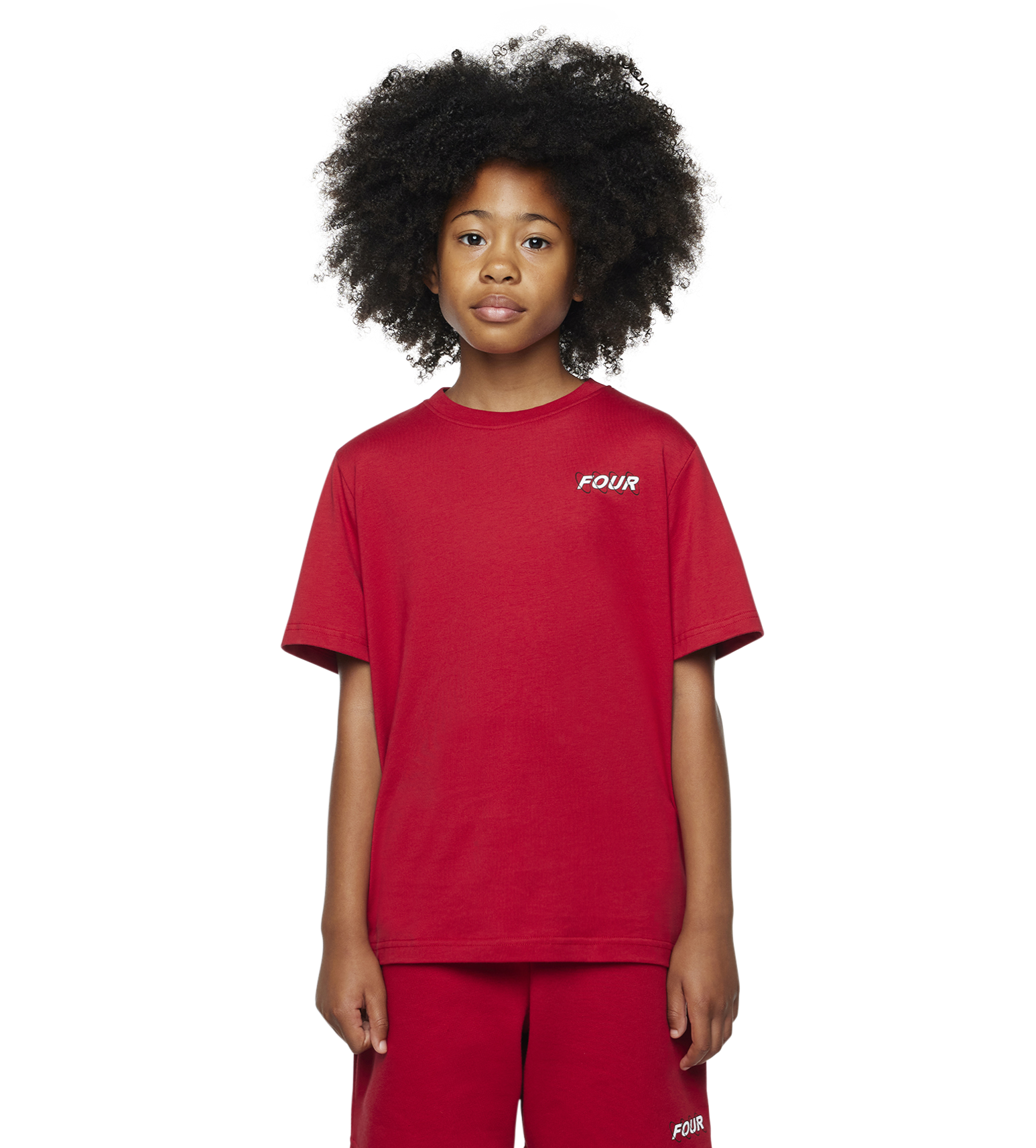 Person wearing a red 'FOUR' t-shirt and pants on a white background