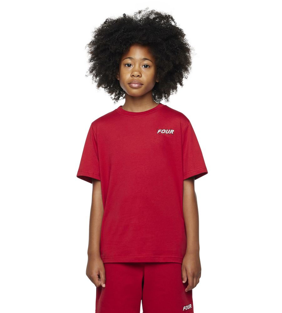 Person wearing a red 'FOUR' t-shirt and pants on a white background
