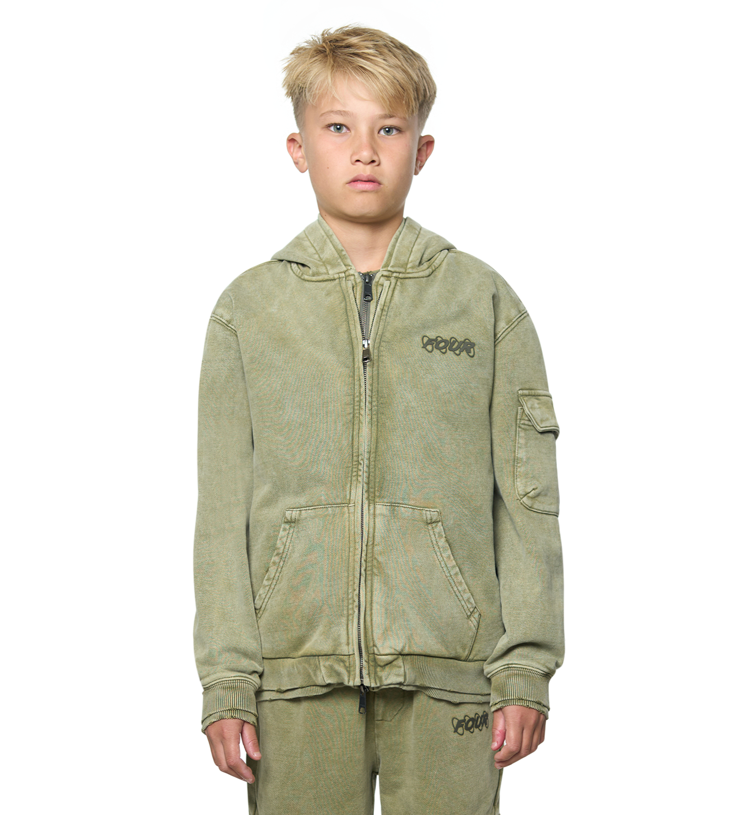 Circles Boxy Zip Up Hoodie Washed Moss Green