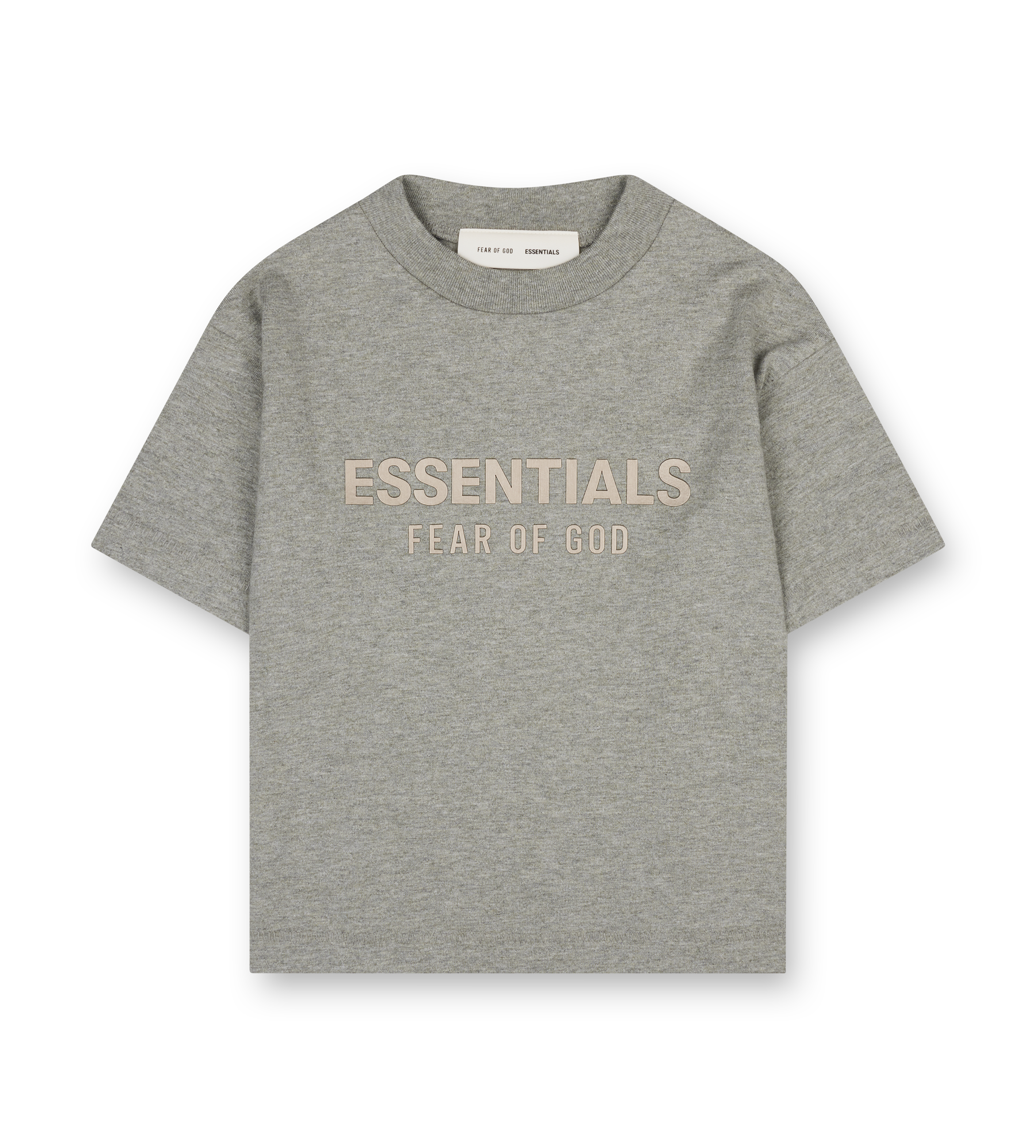 Gray t-shirt with 'ESSENTIALS FEAR OF GOD' text on a white background