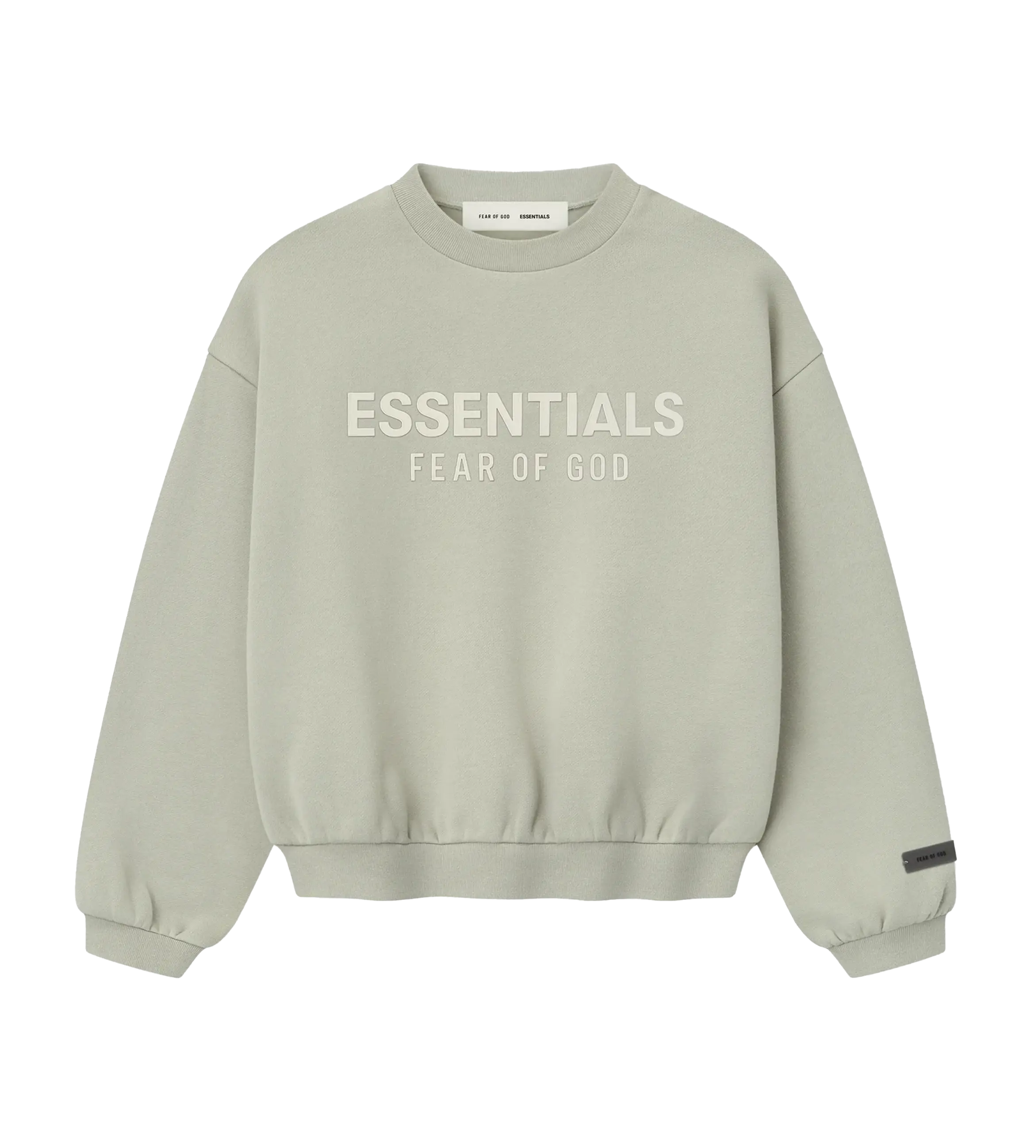 biege crewneck with essentials fear of god logo
