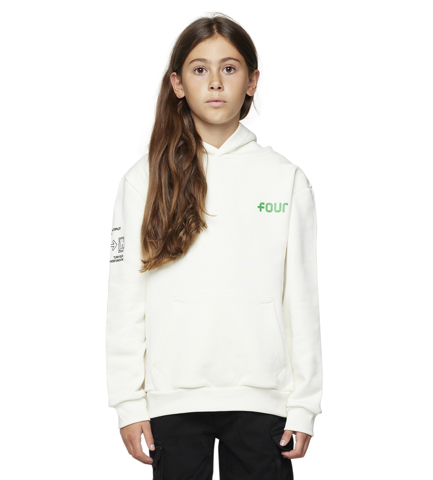 Cream hoodie with four logo on girl model