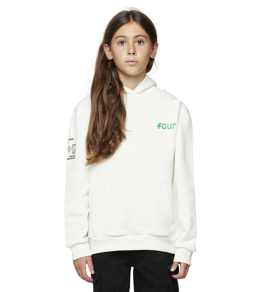 Cream hoodie with four logo on girl model