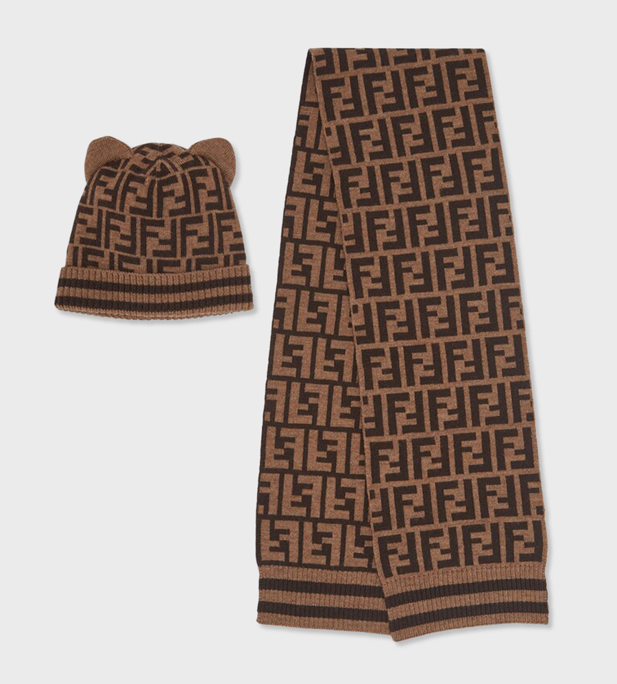 Knitted Scarf and Hat Set with Logo Brown