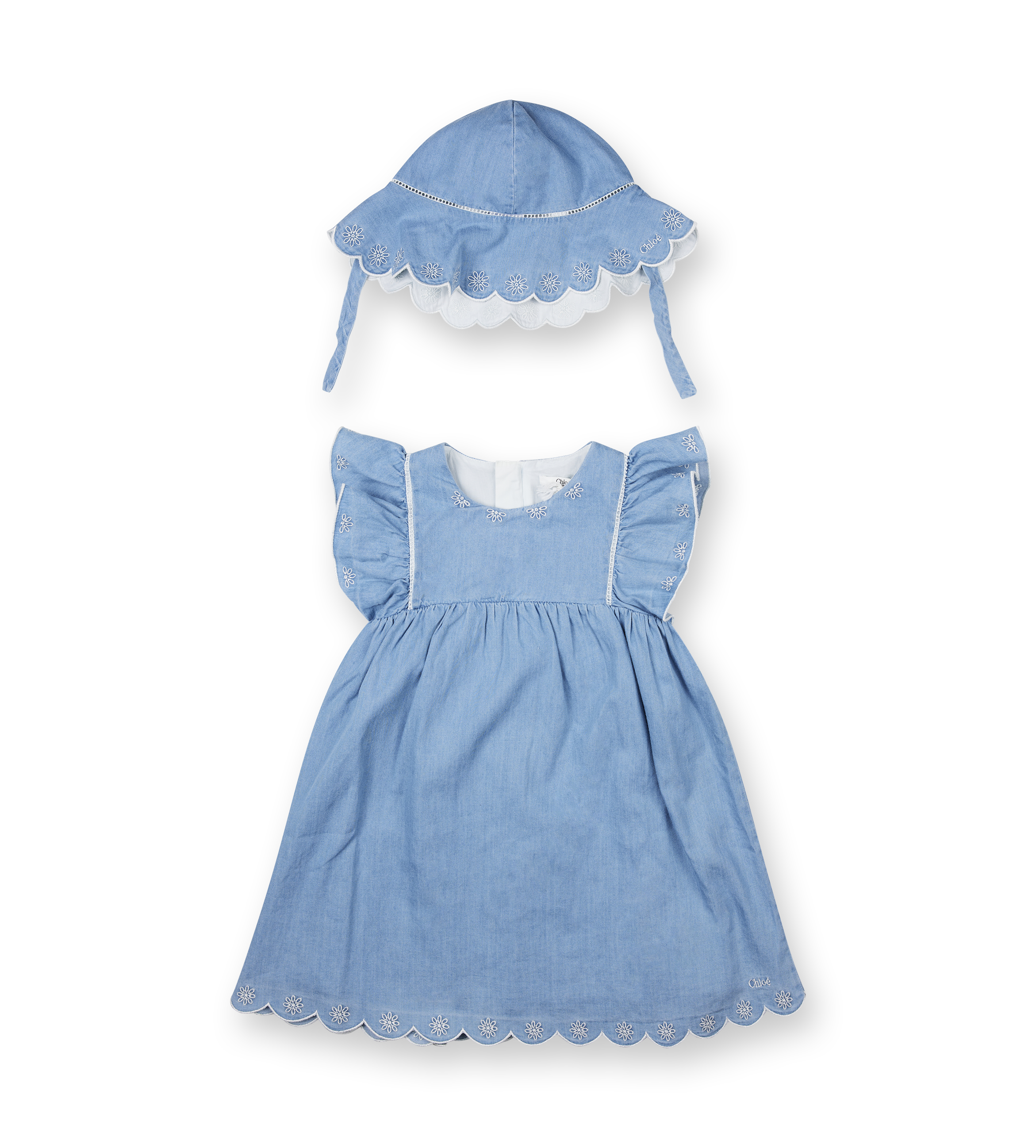 Frill Embroidered Denim Babyset - Dress & Hat