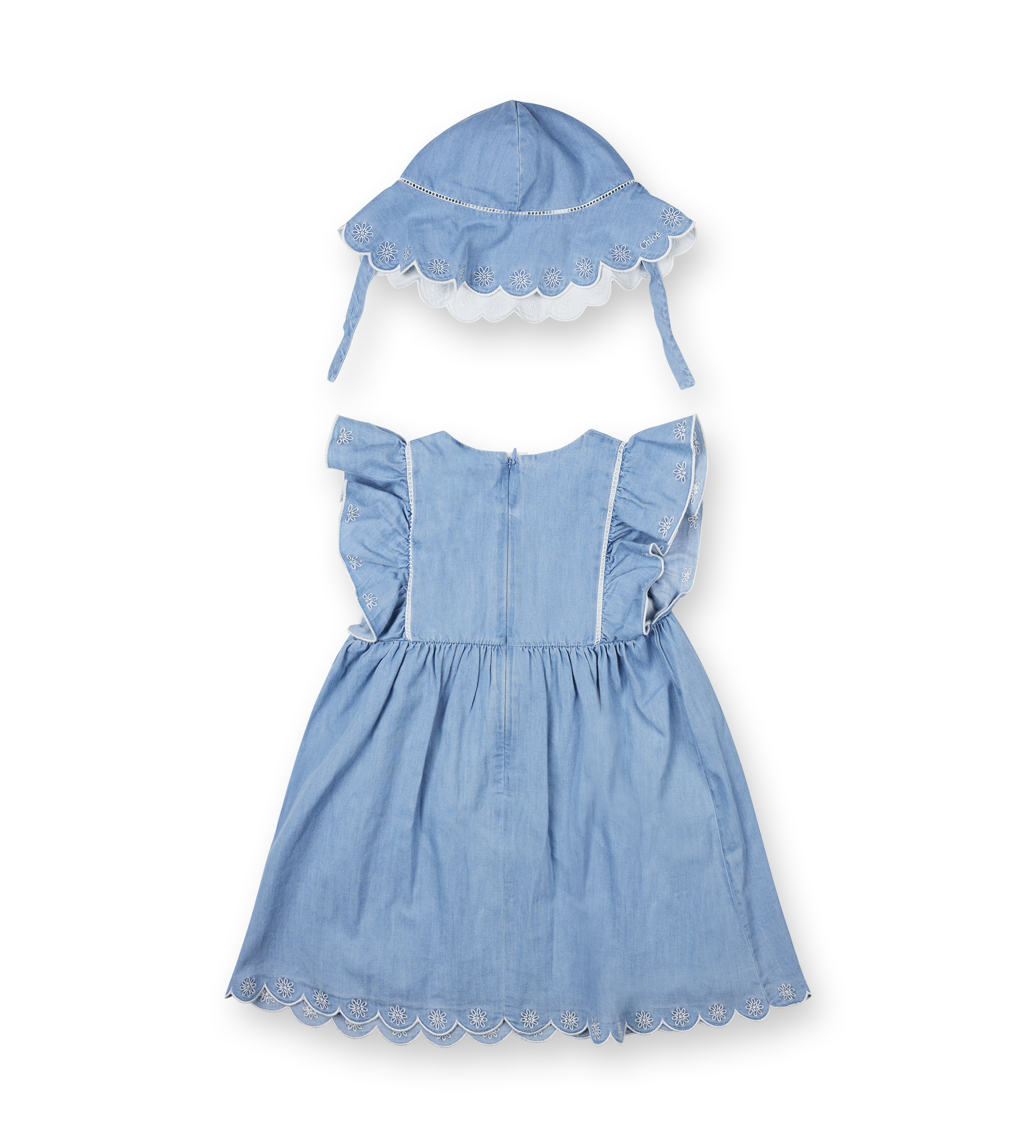 Frill Embroidered Denim Babyset - Dress & Hat