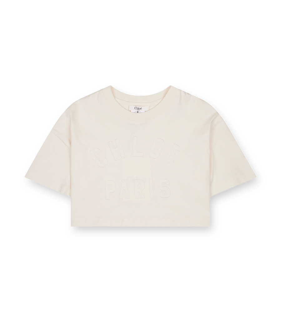 Chloé Kids Cropped Logo Embossed T-shirt in Ecru (Kids)