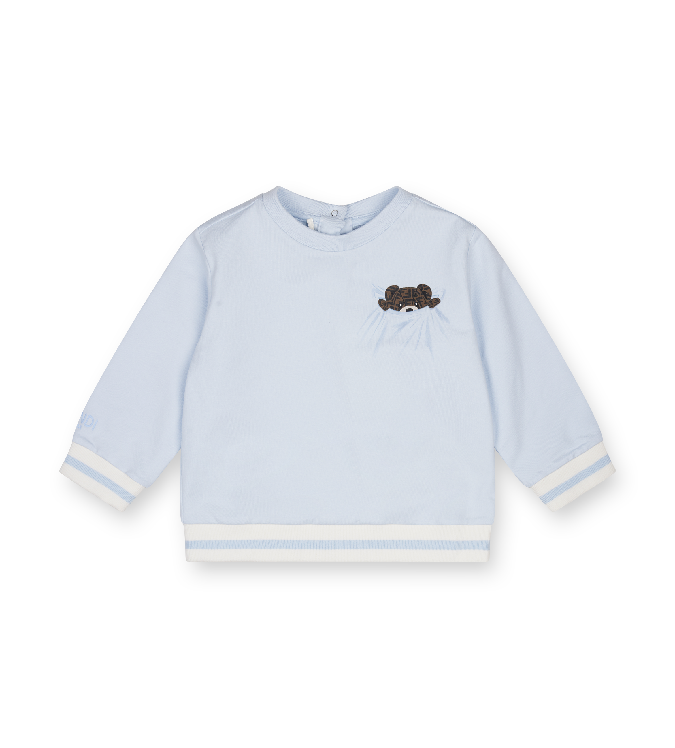 Light blue baby sweater with a dark logo on a white background