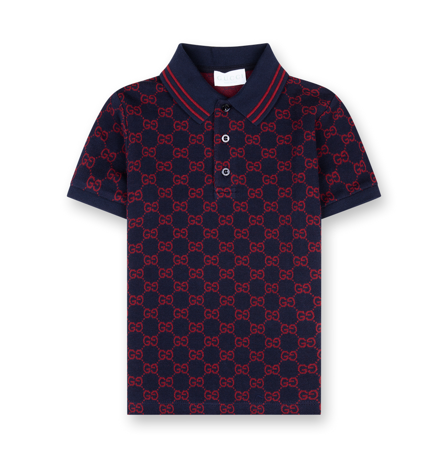 Gucci Children's GG Cotton Polo Shirt in Navy/ Red
