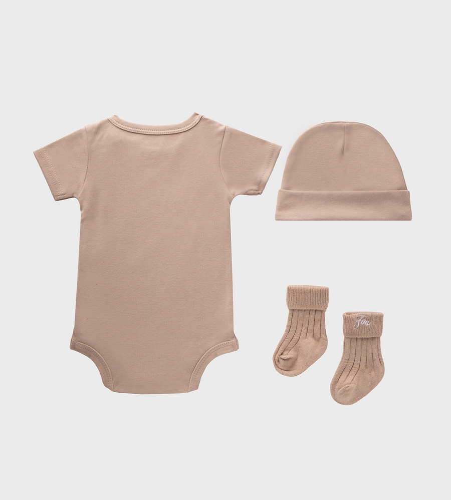 Baby Essentials Set (baby suit, hat & socks) Vintage Khaki